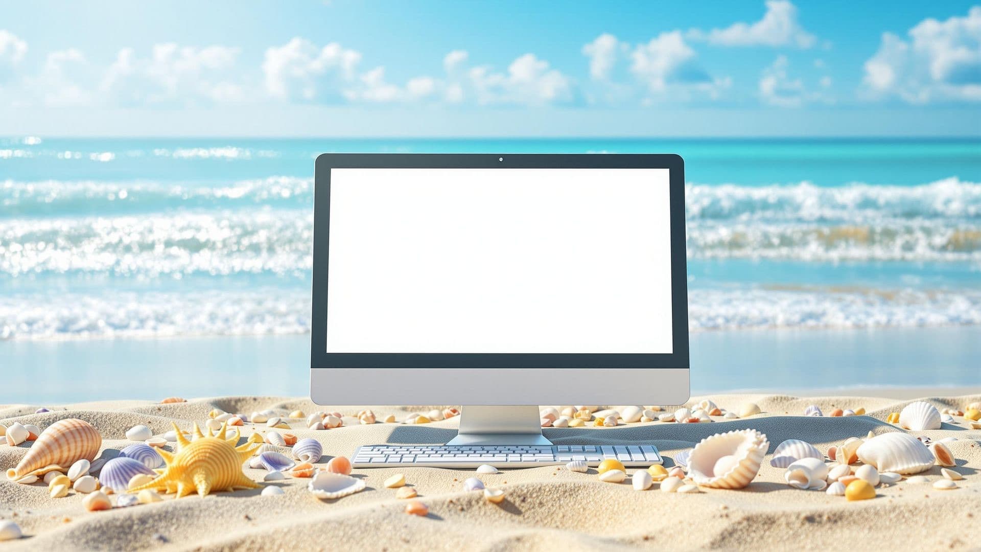 Beach workspace with a desktop monitor